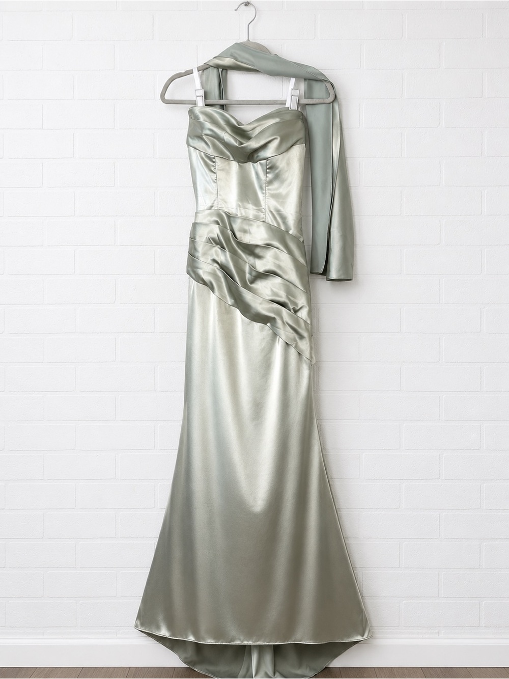 Satin Strapless Maxi Dress in Sage Green with Draped Detail